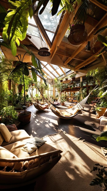 Interno della casa Ecolodge o ecolodge con piante verdi adornate con amache e varie piante che creano un ambiente sereno e rilassante ecoturismo generativo ai