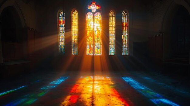 Interno della chiesa con vetrate luminose e luce sul pavimento