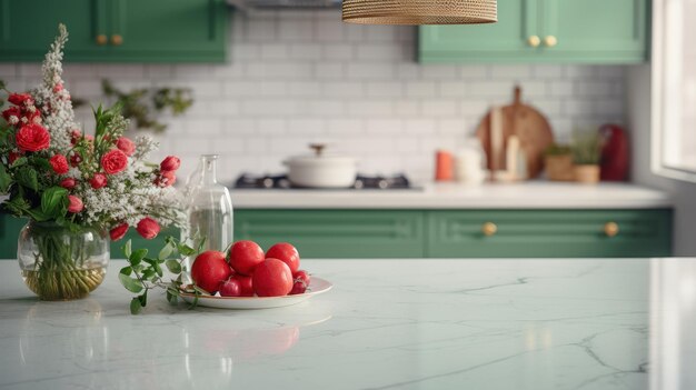 Interno della cucina classica moderna Facciate verdi, ripiano in marmo, fiori in un vaso e verdure rosse in primo piano, varie stoviglie sullo sfondo, Design per la casa contemporaneo