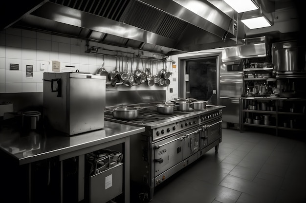 Interno della cucina del ristorante professionale con fornitura di cucina ed elettronica Arte generata dalla rete neurale