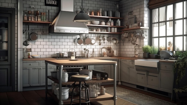 Interno della cucina in stile rustico vintage con mobili in legno in un cottage