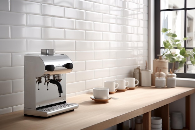 interno della cucina moderna con macchina per fare l'espresso design elegante dell'interno della cucina carta da parati a sfondo bianco