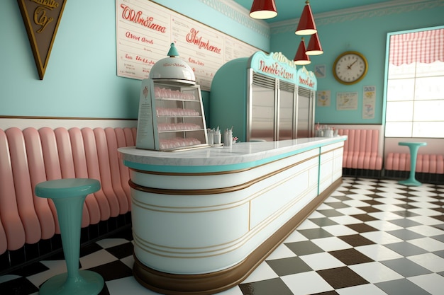 Interno della gelateria retrò Gelateria vecchio stile degli anni '60 Illustrazione digitale AI