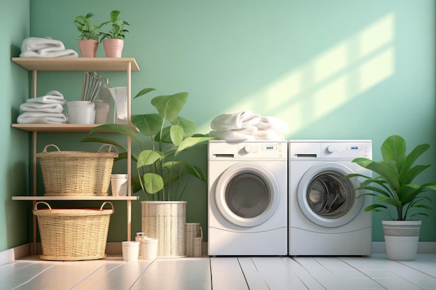 Interno della lavanderia con lavatrice e asciugatrice e vestiti sporchi nel cestino Routine e faccende quotidiane Interno del bagno moderno