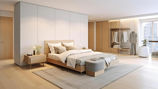 Interno della moderna camera da letto con letto comodo e grande armadio nel nuovo appartamento
