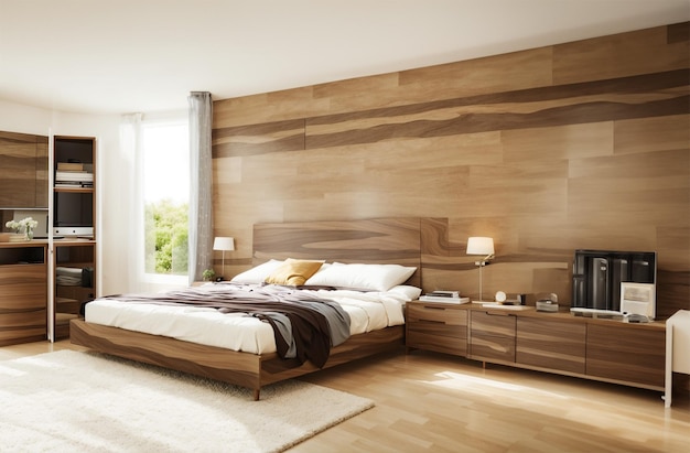 Interno della moderna camera da letto con pareti in legno, pavimento in legno, armadio in legno e comodo letto