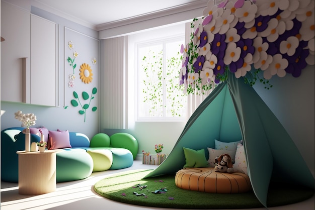 Interno della moderna camera dei bambini con mobili e giocattoli eleganti Capanna per bambini gioca tenda e giocattoli