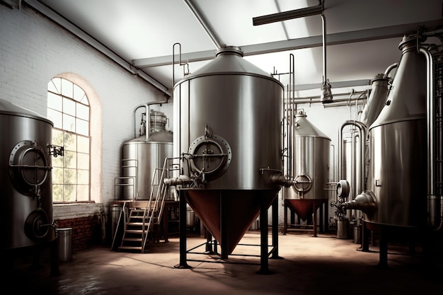 Interno della moderna fabbrica di birra con serbatoi di produzione IA generativa
