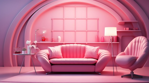 Interno della moderna sala studio con divano rosa, poltrona, libreria, libreria per computer portatile e parete rosa