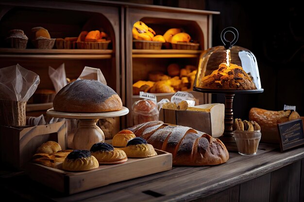 interno della panetteria con banchi espositivi pieni di deliziosi pane e pasticcini Acquista una pasticceria o b