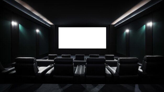 Interno della sala cinema con file di posti a sedere e schermo mockup bianco vuoto Illustrazione generativa Ai