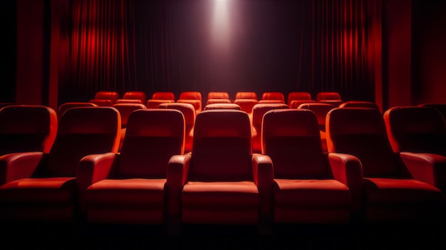 Interno della sala cinema con file rosse di posti a sedere Illustrazione generativa Ai