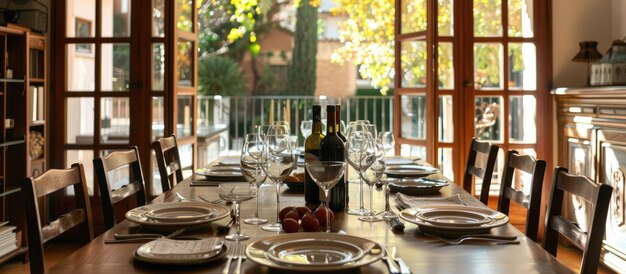 Interno della sala da pranzo con tavolo in legno per la cena