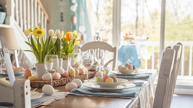 Interno della sala da pranzo con tavolo servito per la celebrazione della Pasqua Generativo Ai