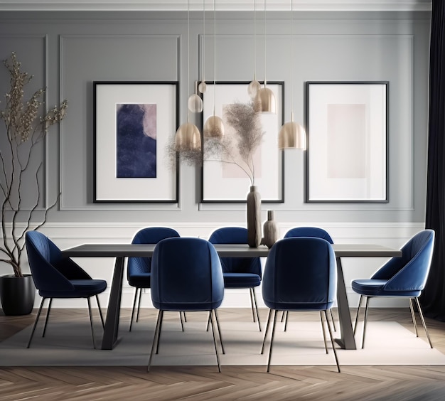 interno della sala da pranzo contemporanea con sedie blu e pittura paesaggistica