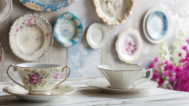 interno della sala da pranzo shabby chic con fiori piatti decorativi sulla parete e tazza da tè Generative Ai