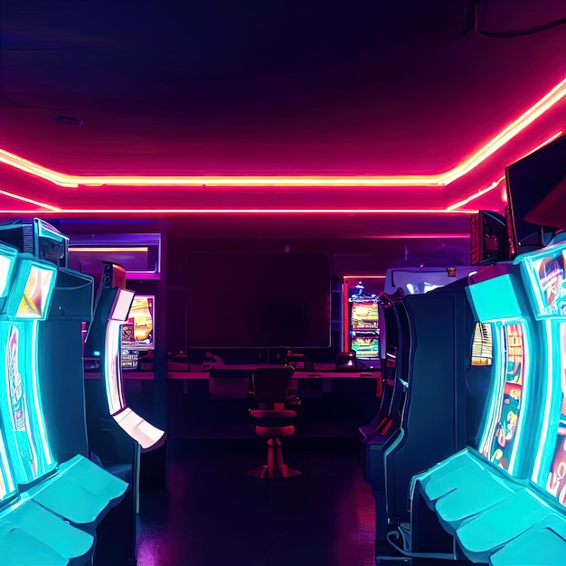 Interno della sala giochi con luce al neon con intelligenza artificiale generativa