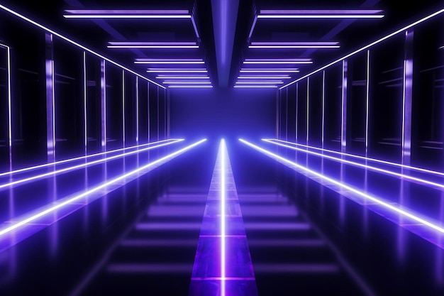 Interno della stanza astratto per sfondo con neon blu e viola