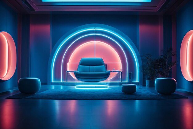 interno della stanza blu astratto con lampade al neon blu sfondo di architettura futuristica