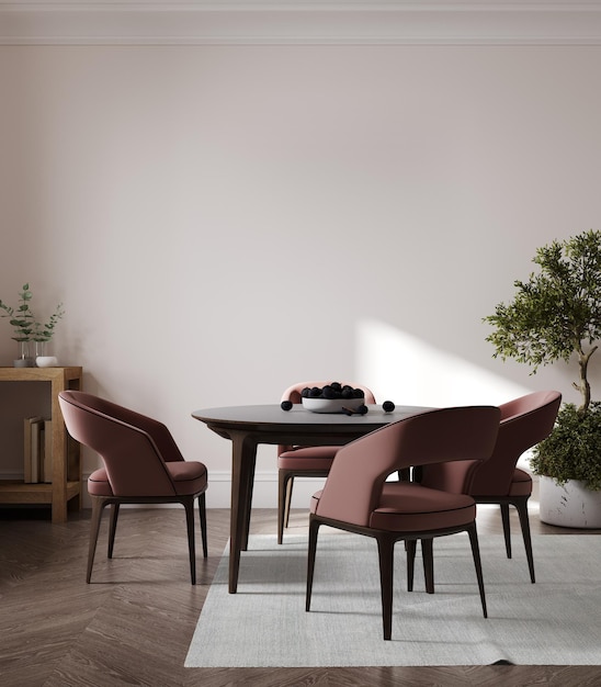 Interno della stanza con tavolo da pranzo rosa e sedie parete bianca e pianta verde rendering 3d