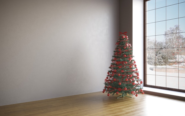 Interno della stanza dell'albero di natale di concetto di natale interno bianco della stanza con il pavimento di legno