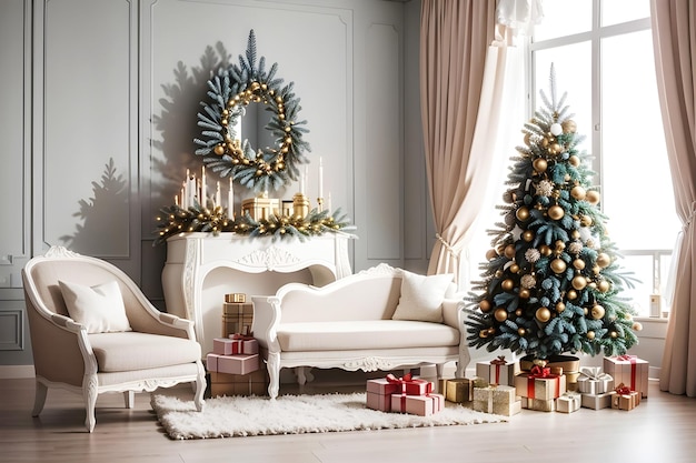 Interno della stanza di Natale con bellissimo camino Decorazioni eleganti per l'albero di Natale AI Genera