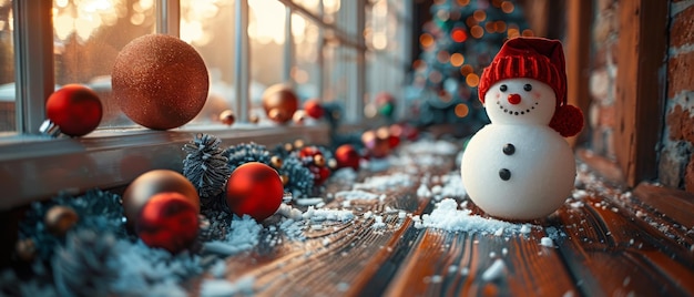 Interno della stanza di Natale con palle appese lecca-lecca e buffo uomo di neve con il cappello che sbircia da dietro la finestra Nuovo anno vacanze invernali concetto di spazio di copia
