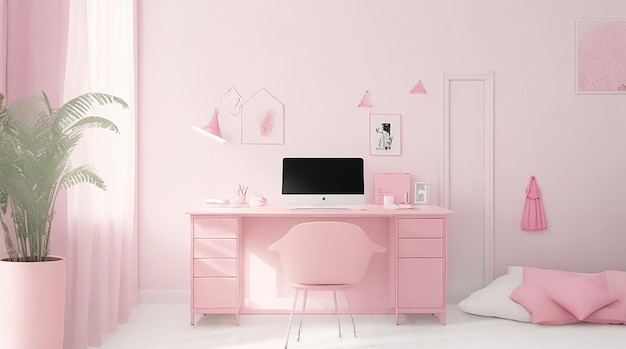 Interno della stanza in tinta unita rosa monocromatica con scrivania e accessori per la stanza