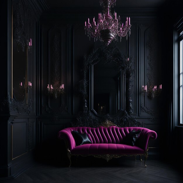 Interno della stanza nera con un divano rosa vintage, un lampadario, uno specchio e un camino decorato con fiori