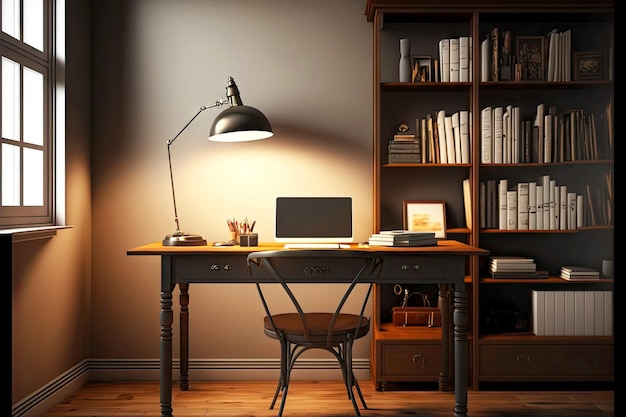 Interno della stanza vuota dell'home office in stile clic con libri da tavolo in legno e lampada da scrivania
