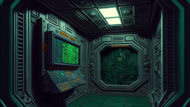 Interno della stazione spaziale stretta scifi scuro in arte generata dalla rete neurale di colori verdi
