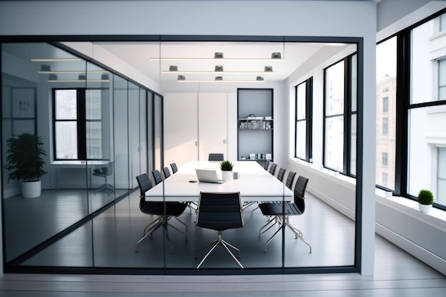 Interno dello spazio ufficio con tavolo e sedie Windows creato utilizzando la tecnologia ai generativa