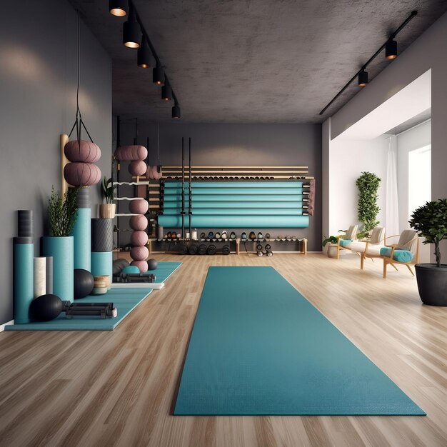 Interno dello studio di yoga contemporaneo con tappetini da yoga srotolati AI generativa