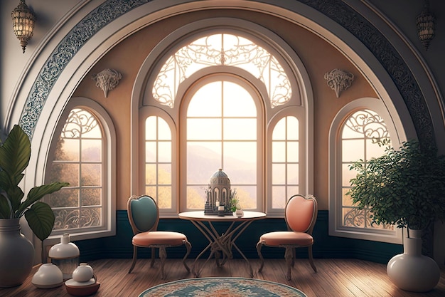 Interno di casa con finestre ad arco con tavolo e poltrona a forma di stanza orientale