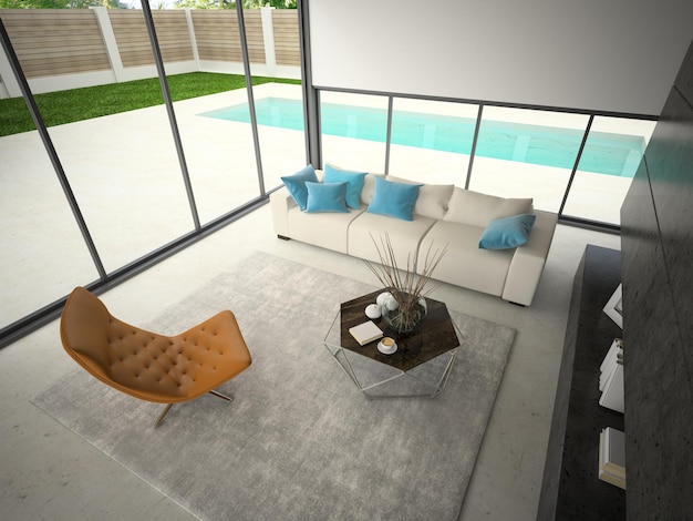 Interno di casa con piscina rendering 3D