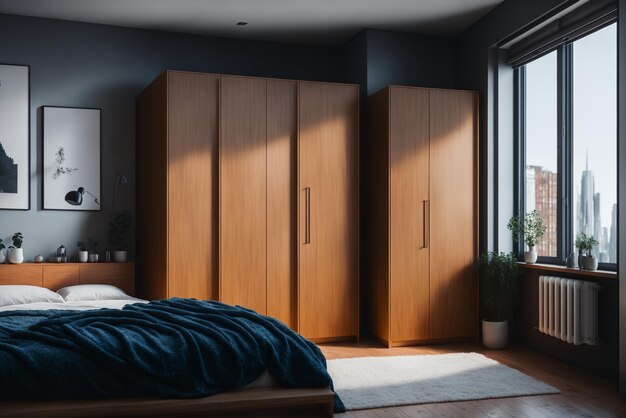 Interno di casa di lusso con vetrina architettonica e confortevole camera da letto