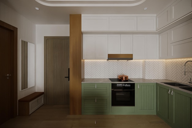 Interno di cucina aperta minimalista con Ava bianca e verde e rendering tecnologico 3D