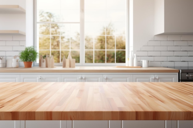 Interno di cucina minimalista con tavolo di legno chiaro vuoto e sfondo di finestra