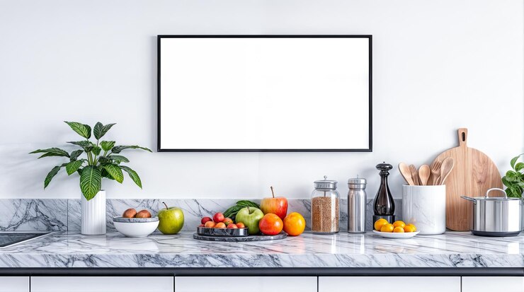 Interno di cucina minimalista con telaio mockup frutta stoviglia pianta marmo bancone moderno desi
