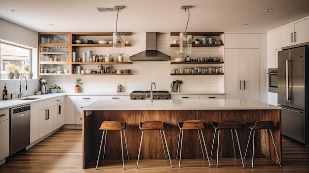 Interno di cucina moderno con arredi interno di cucina con parete bianca