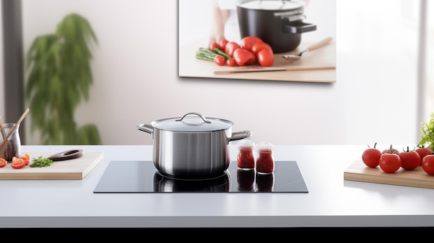 Interno di cucina moderno con pentola di verdure fresche e bicchiere di succo