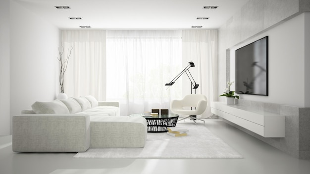 Interno di elegante camera moderna con divano bianco rendering 3D
