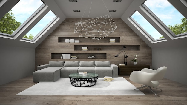 Interno di elegante mansarda rendering 3D 2