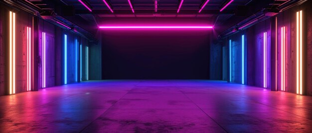Interno di garage moderno scuro all'interno di uno studio futuristico o di una sala di costruzione in cemento Concept di magazzino industriale di luce al neon a led