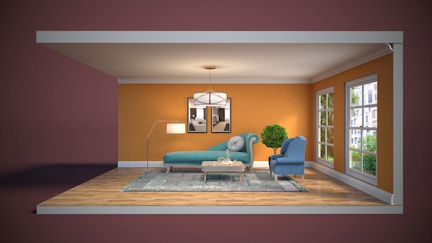 Interno di illustrazione 3D del soggiorno in una scatola
