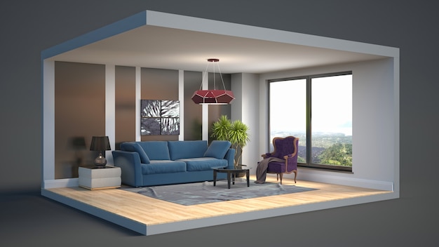 Interno di illustrazione 3D del soggiorno in una scatola