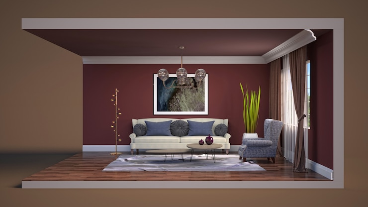 Foto interno di illustrazione 3d del soggiorno in una scatola