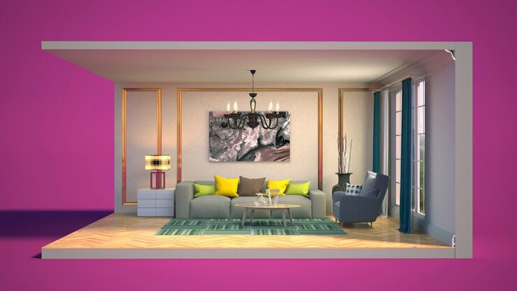 Foto interno di illustrazione 3d del soggiorno in una scatola