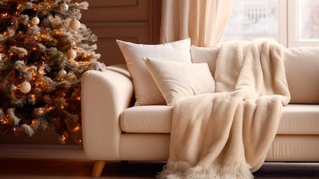 interno di Natale con comodo divano e rami di abete in primo piano