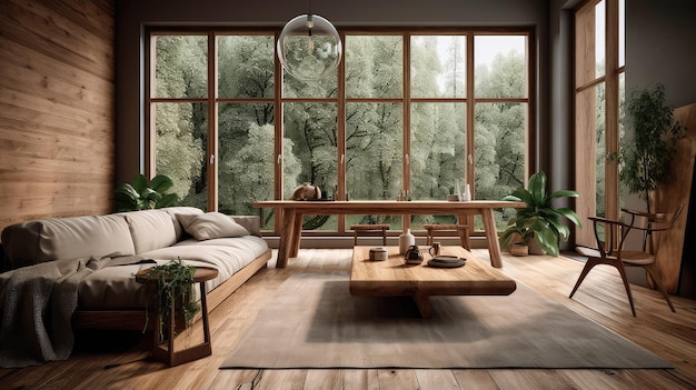 Interno di salotto in legno con tavolo da pranzo e divano finestra panoramica AI generativa